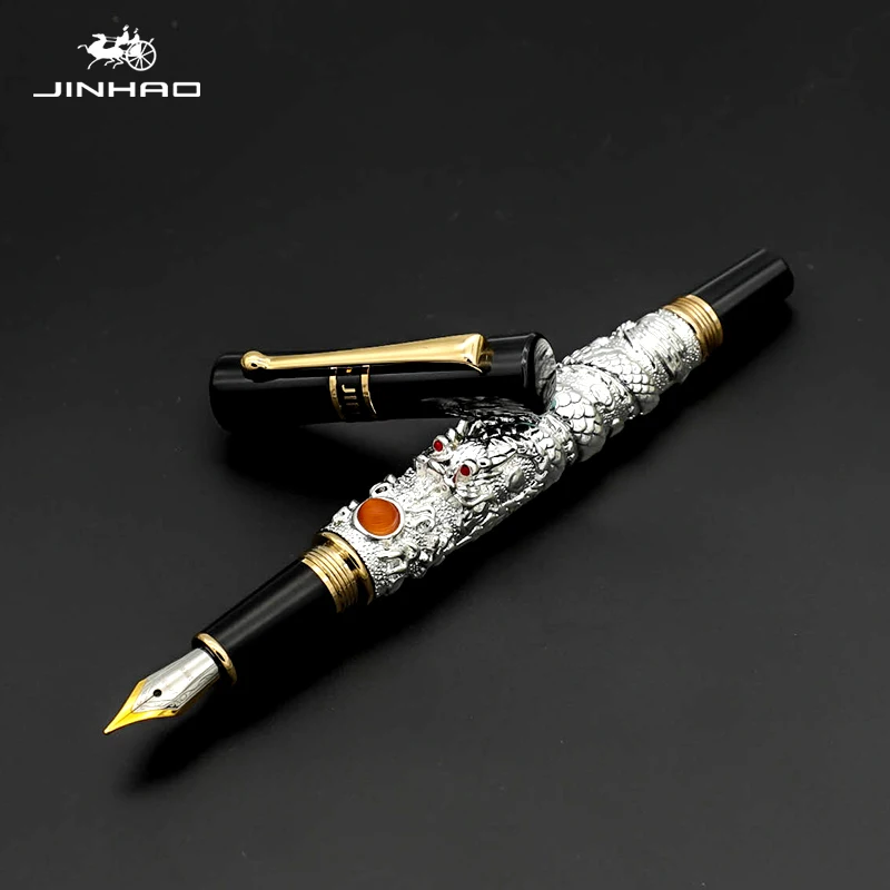 Silver Jinhao ЗОЛОТОЙ ДРАКОН перьевая ручка Роскошный 0,5 мм перо 18KGP каллиграфия чернила ручки для письма бизнес офисные принадлежности Caneta - Цвет: Silver
