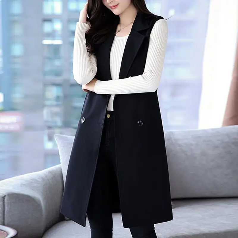 New Spring Autumn Long Suit Vest Women Double-Breasted Sleeveless Cardigan Jacket Female Elegant Blazer Vest Chaleco Mujer C5179