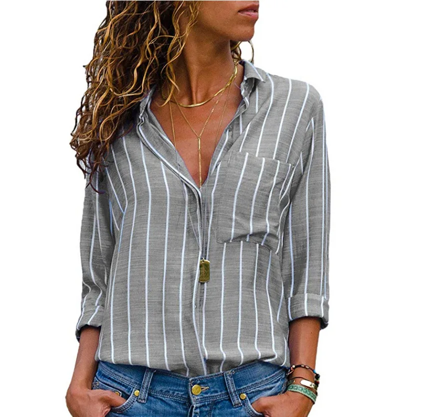 Women Stripe Shirts Blouses Long Sleeve Casual Lady Office Chiffon Shirt Autumn Blouse Loose Button Mujer Blusas Top Plus Size - Цвет: grey