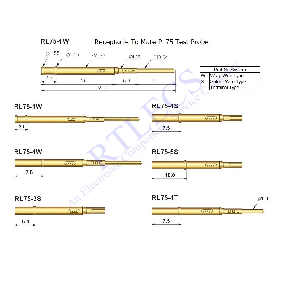 

100pcs Receptacle RL75 For Spring Test Probe PL75 Bare PCB 1.91 mm Pitch Different Socket style choose to order
