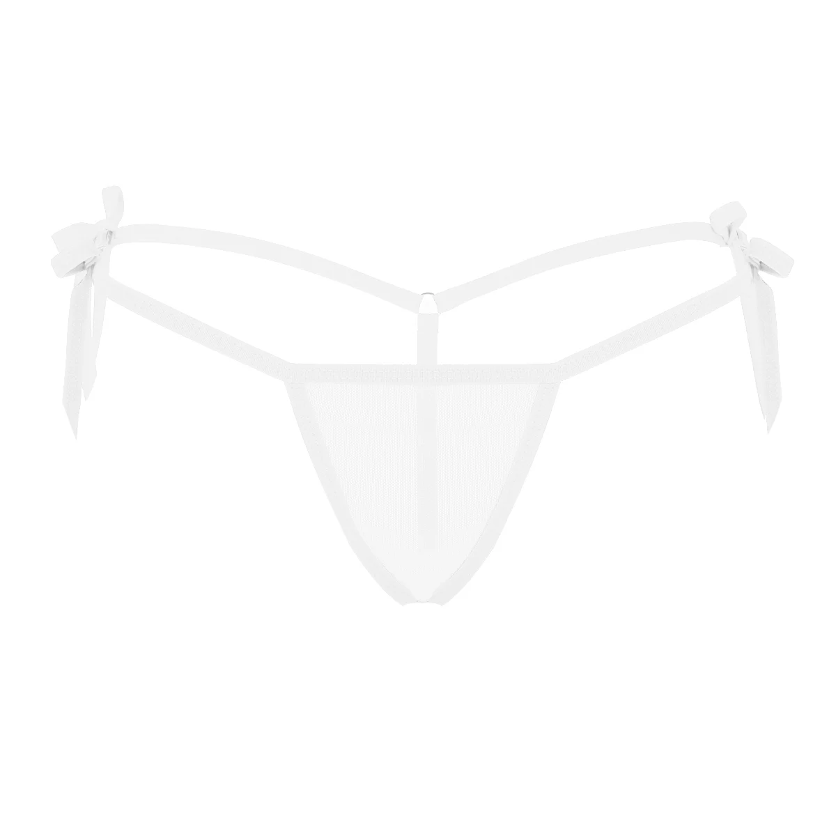 Women's Swimsuit Mesh Lingerie Underwear See Through Sheer Low Rise Tie-Side T-Back Mini G-String Thong Bikini Briefs Underwear - Color: White
