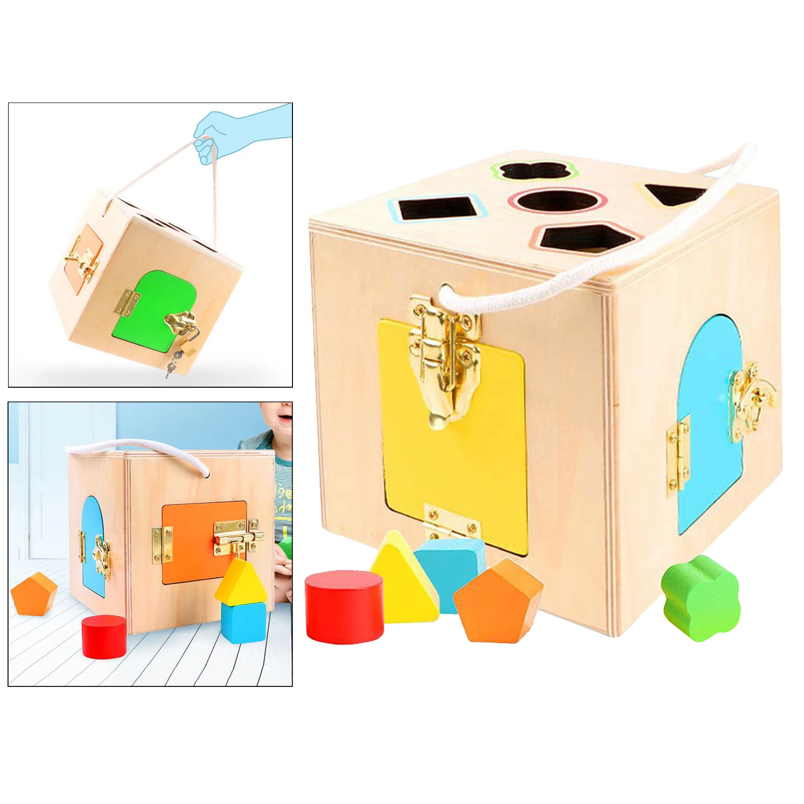 Wooden Lock Box 4 Different Locks Mechanisms Puzzle Game Matching Game for Toddler Kids