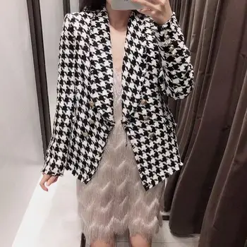 

Women Vintage Houndstooth Plaid Jacket Ladies Coat Long Sleeve Double Breasted Outwear Chic Retro Leisure Tops