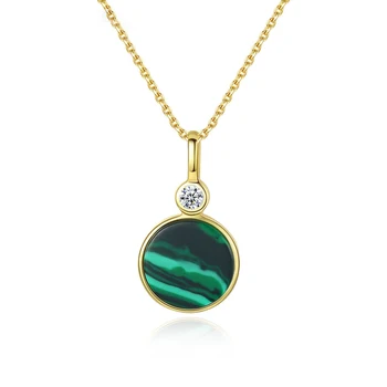 

S925 Sterling Silver Electroplated 18K round Malachite Women's Pendant Necklace