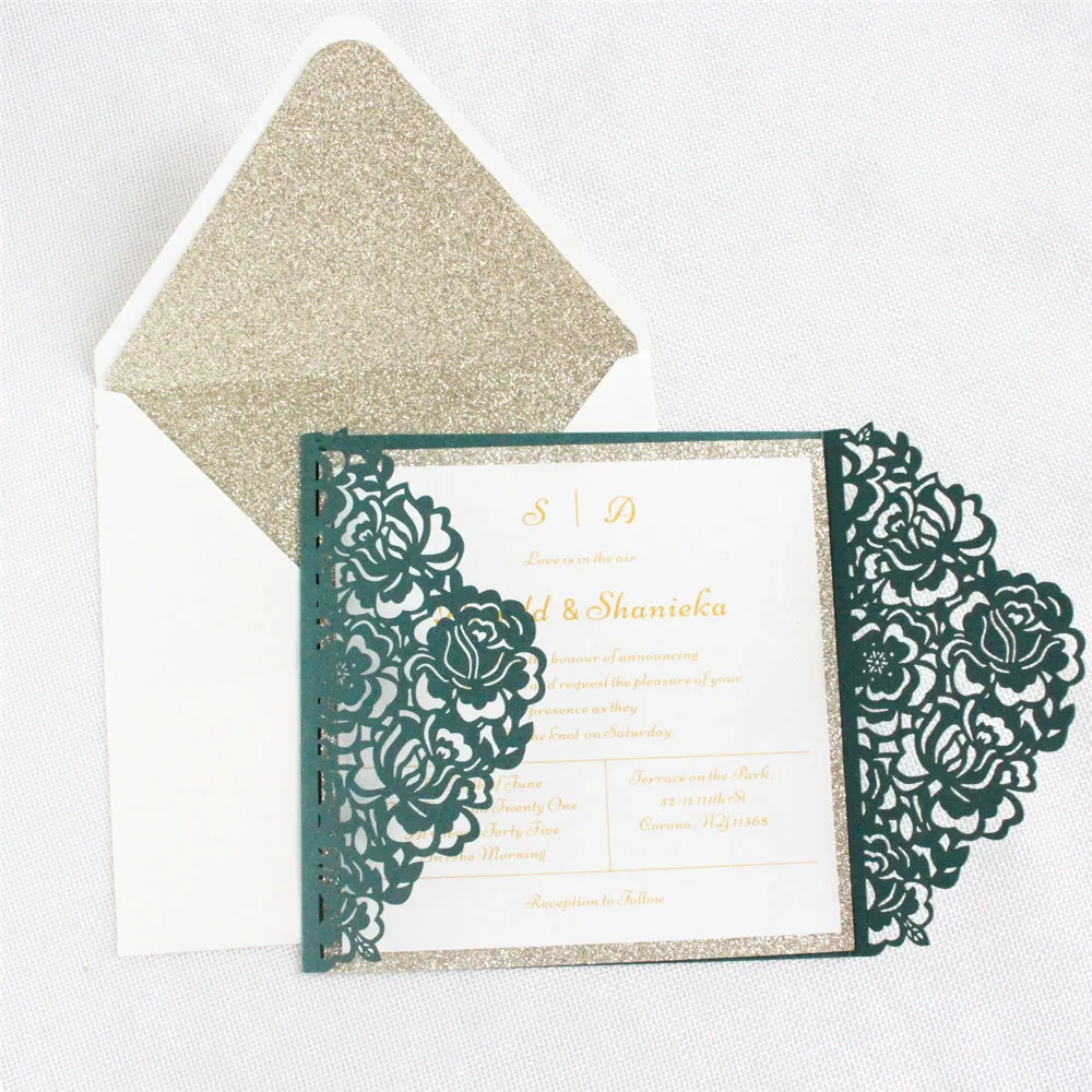 

Fall Wedding Card Invitation Birthday Greetings Green Laser Cut Rose Design Customized Text Printing Glittery Liner Envelop