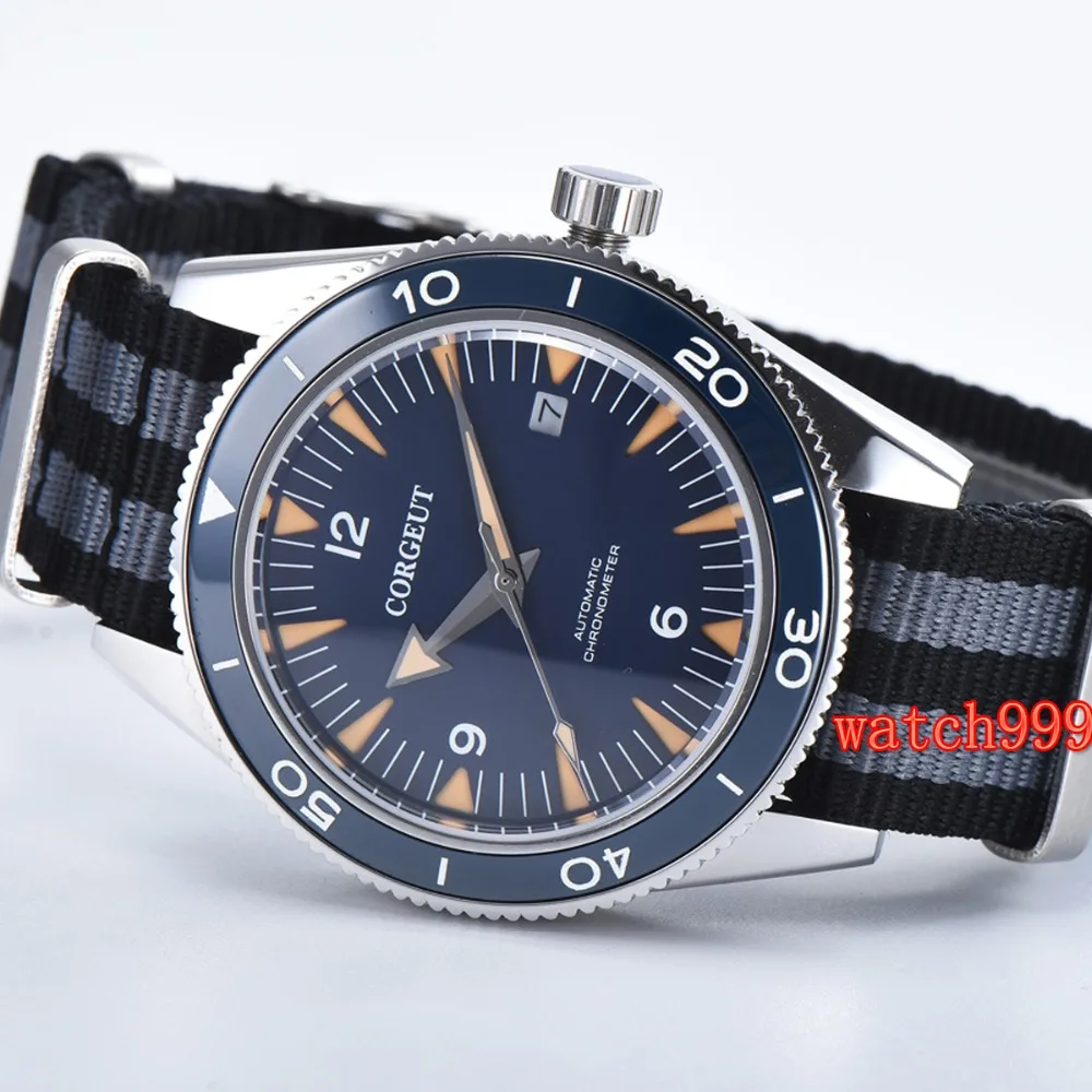 Corgeut 41 мм синий циферблат керамический ободок сапфировое стекло miyota автоматические мужские повседневные часы нейлоновый ремешок водонепроницаемые механические часы