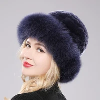 Luxury Women Winter Hat Real Rex Rabbit Fur Bomber Hats Lady Winter Genuine Fox Fur Cap Beanies Warm Soft Fluffy Natural Fur Hat 3