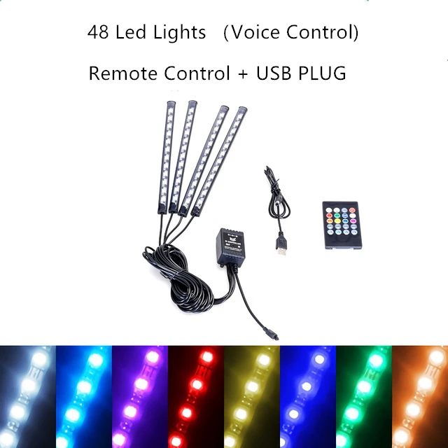 Car Interior Light RGB LED Decorative Light Strip With USB Wireless Remote Music Control Multiple Modes Car Foot Light 48LED USB Remote