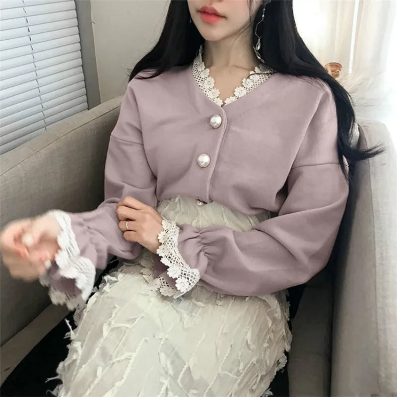 

Women Autumn Short Cotton Jacket Coat Lace Collar Pearl Button Cardigan Plus Size Long Sleeve Veste Manteau Femme Petal Sleeve