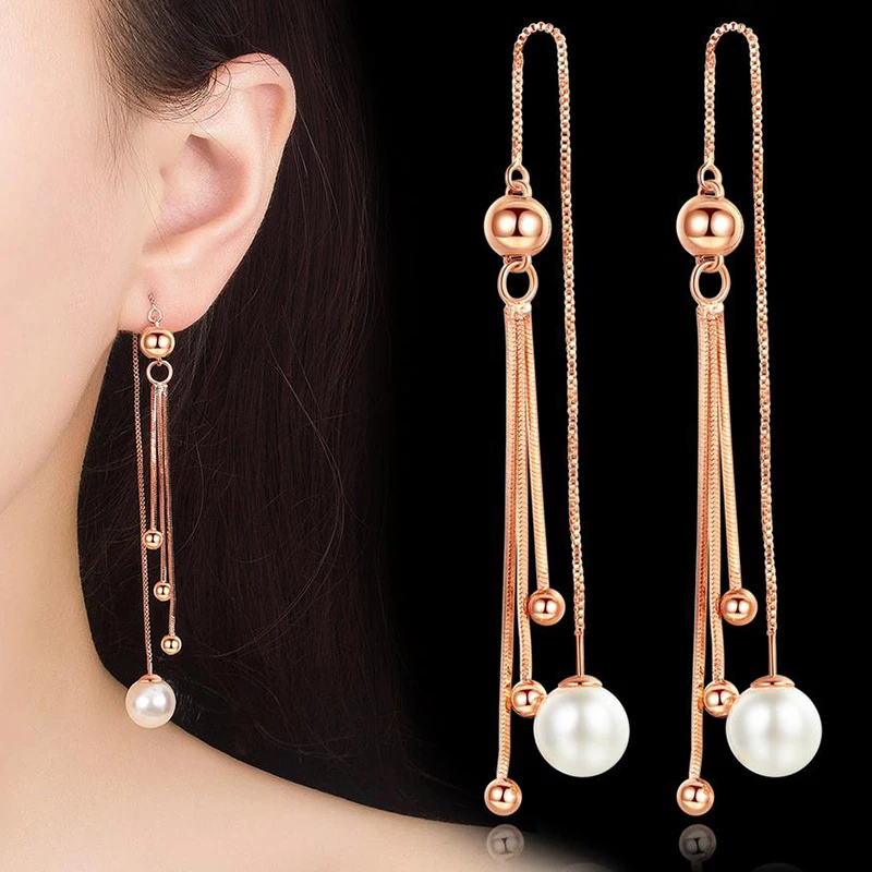 

Wholesale 12 pairs Simulated-Pearl Pendant Silver Rose Gold Drop Earrings Long Chain Tassel Ear Wire Earrings Jewelry for Women