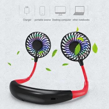 

Portable 2000 mAre USB LED Light Rechargeable Neckband Lazy Neck Hanging Style Dual Cooling Fan Desk Hand Air Conditioner cooler