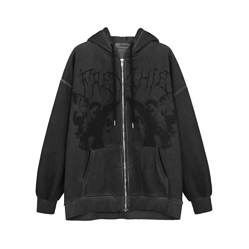 Men hip hop streetwear hooded jacket angel dark print jacket coat harajuku cotton fleece autumn winter jacket outwear zipper Clearance