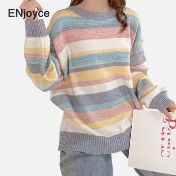 

2020 Autumn Fashion Rainbow Colorful Striped Sweater Women Casual Knitwear Loose Pullovers Jumper Femme Sweaters