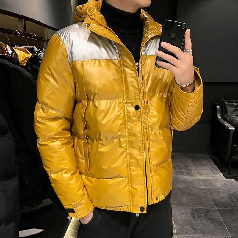 yellow Winter Plus Velvet Thick Jacket Men's Slim Warm Fashion Parka Men Contrast Color Casual Hooded Coat Man Wild Cotton Jacket Male - Цвет: yellow