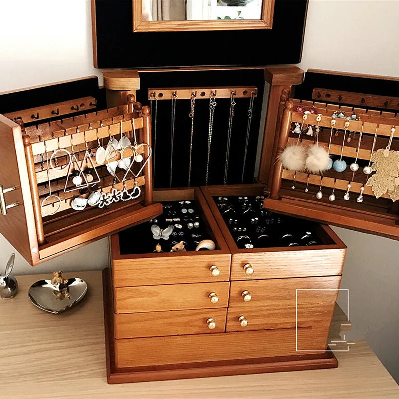 

Chinese Style Handmade Creative Multi-Layer Solid Wood Jewelry Box Home Retro European Princess High-End Earrings Jewelry Box