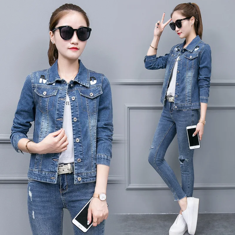 

2019 Spring Jeans Coat Korean-style Trend with Holes Cowboy Clothing Women's Slim Fit Handsome Clothes Tops Fashion