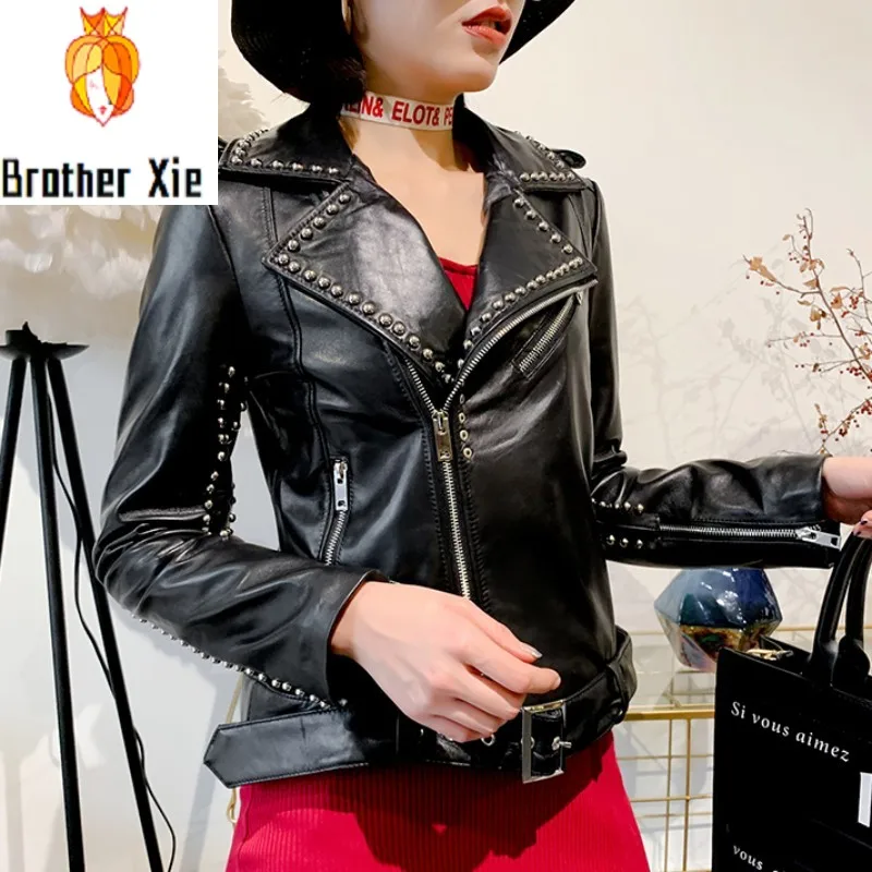 

Genuine Leather Jacket Women Classic Motor Biker Rivets Leather Coat Short Belted Slim Fit Short Female Punk Jacket Outwear Coat