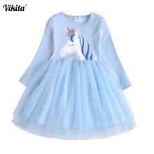 VIKITA/Детские платья принцессы с длинными рукавами; платье с рисунком единорога для девочек; костюмы для вечеринки в честь Дня рождения; Детские платья-пачки