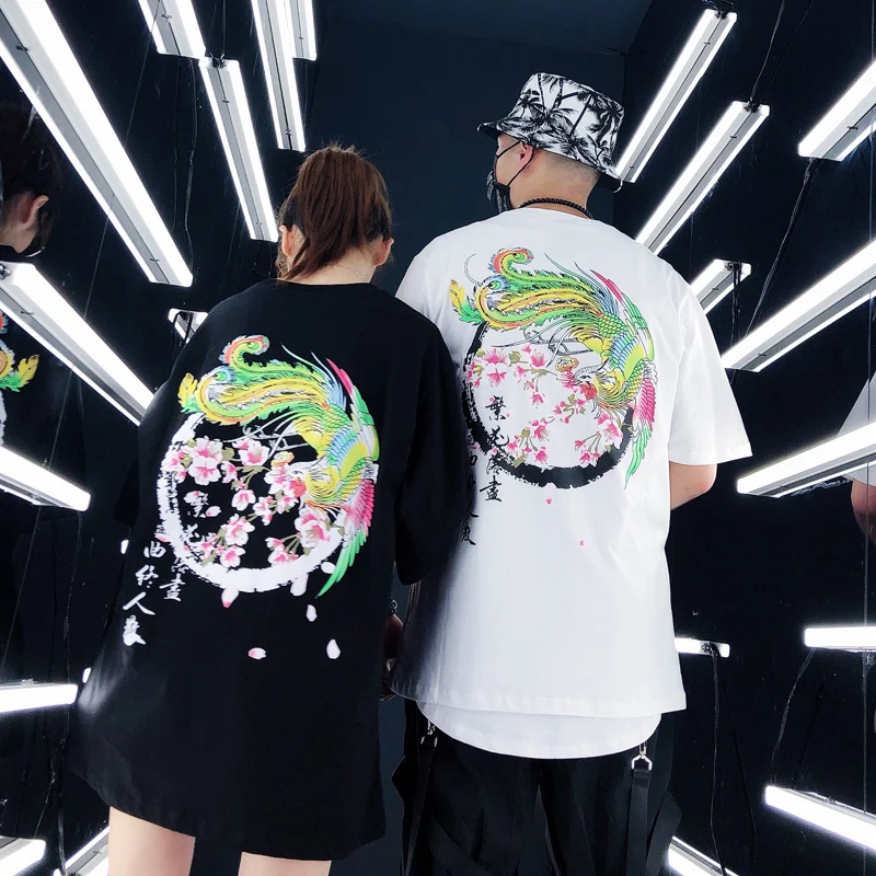 Мужская футболка в стиле хип-хоп с цветочным принтом Феникс Harajuku уличная китайская футболка kanji хлопковая летняя Черная футболка Топы с короткими рукавами