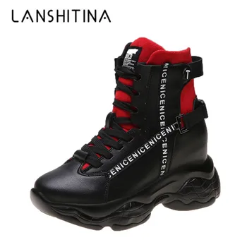 

Women Ankle Boots 2019 Autumn High Top Sneakers 8.5CM Wedge Heels Platform Boots Lace-up Waterproof Thick Sole Shoes Winter Boot