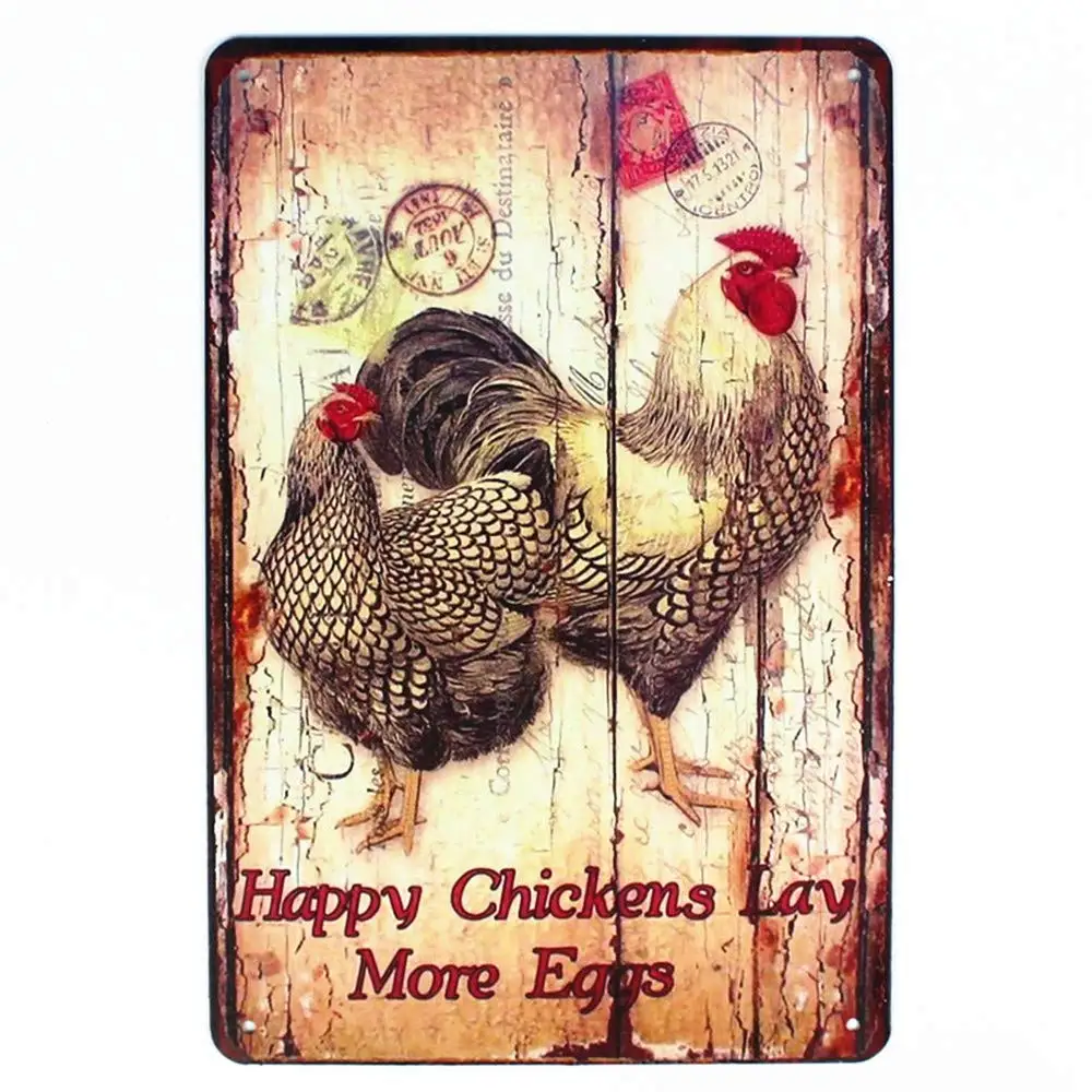 

Happy Chickens Lay More Eggs, Rooster Metal Tin Sign, Wall Ornament Farm Coffee & Bar Decor 8" X 12"