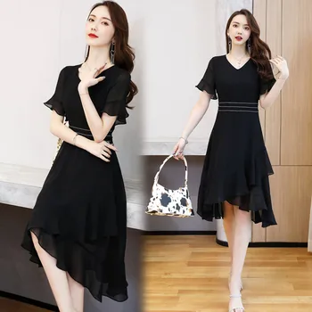 

Black Summer Short Dress 2020 Women Plus Size Elegant Butterfly Sleeve Ladies Dresses Chiffon Ruffle Party Vestido Office Lady
