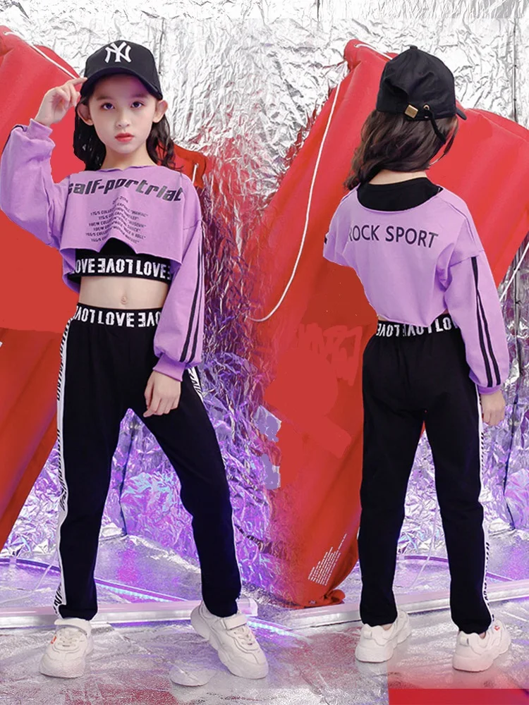 Детские спортивные костюмы; хлопковая одежда в Корейском стиле; модная уличная одежда в стиле хип-хоп; фиолетовые толстовки с капюшоном для девочек-подростков; свитер+ черные брюки