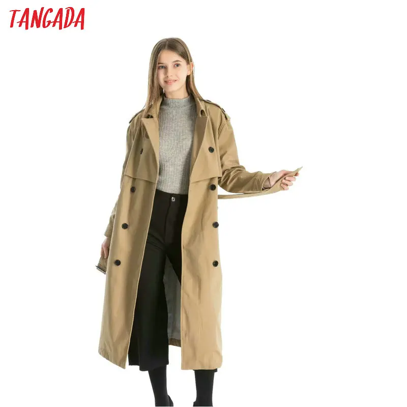 Tangada Модный женский длинный Тренч цвета хаки с элегантным поясом осень зима Офисная Женская рабочая одежда Свободная верхняя одежда QJ139