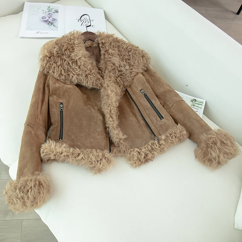 Куртка из натуральной кожи с овечьим меховым воротником, новинка зимы, модное мотоциклетное пальто из свиной кожи, женские Куртки Оверсайз