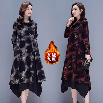 

Large Size Irregular Dress Women Korean Print Loose New Autumn Winter Dress Plus Velvet Warm Long-sleeved Sweatshirt Robe f1667