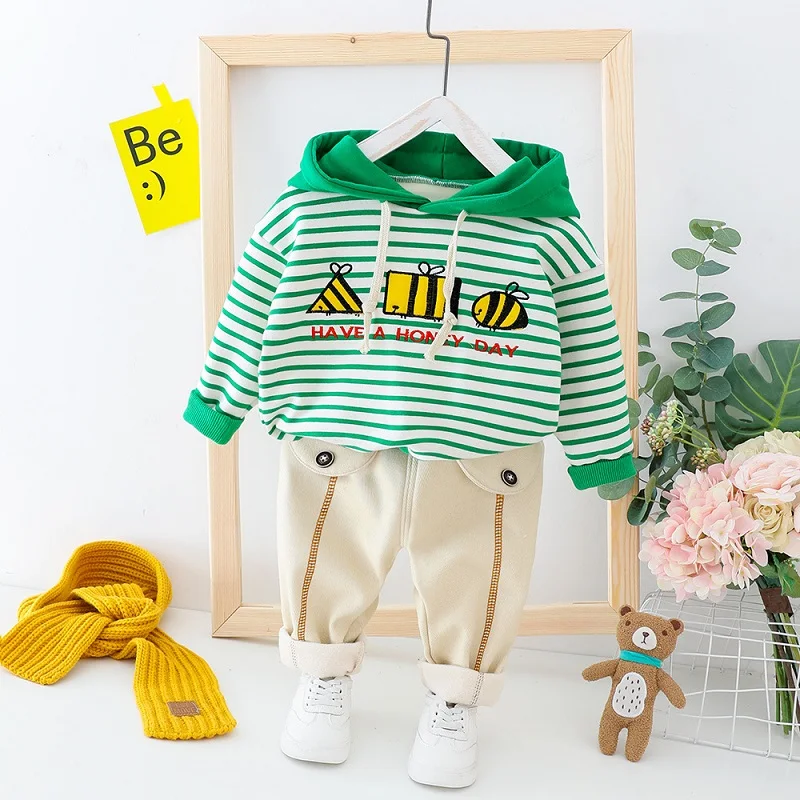Весенне-осенние детские костюмы, комплекты одежды для маленьких мальчиков и девочек, свитер в полоску с капюшоном и рисунком, штаны, зеленый Детский костюм