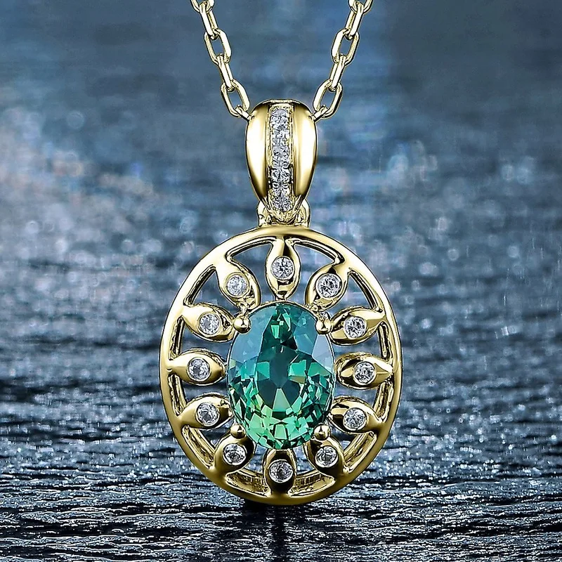 

Luxury Design Sapphire Necklace Pendant For Women 14k Yellow Gold Color Blue Gemstone Pendants Inlaid AAA Zircon 925 Jewelry
