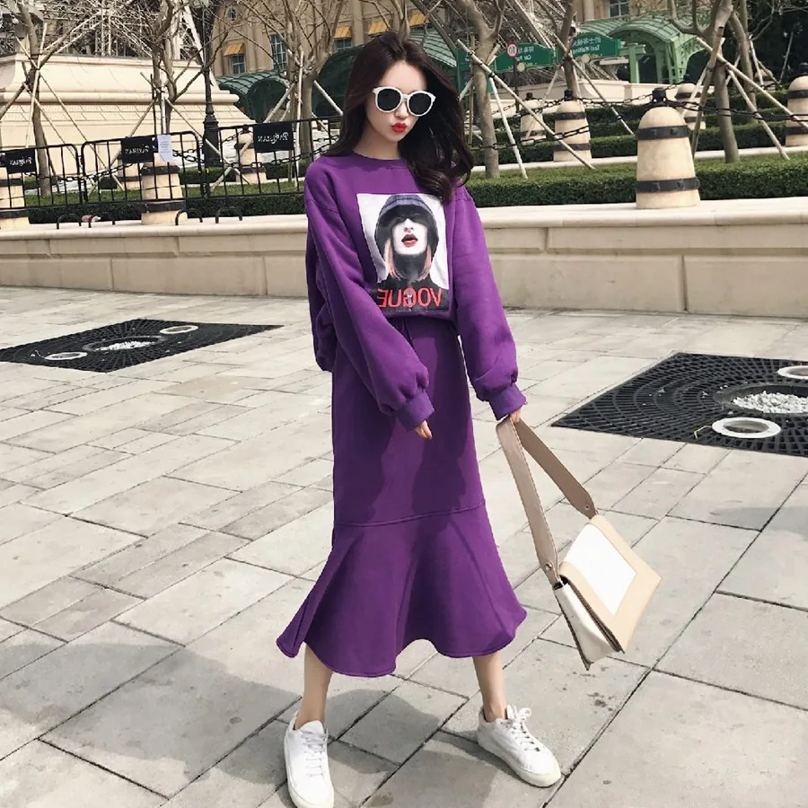 

Photo Shoot Elegant Flounced High-waisted Fishtail Skirt WOMEN'S Suit Avatar Printed Crew Neck Pullover Hoody Two-Piece Set