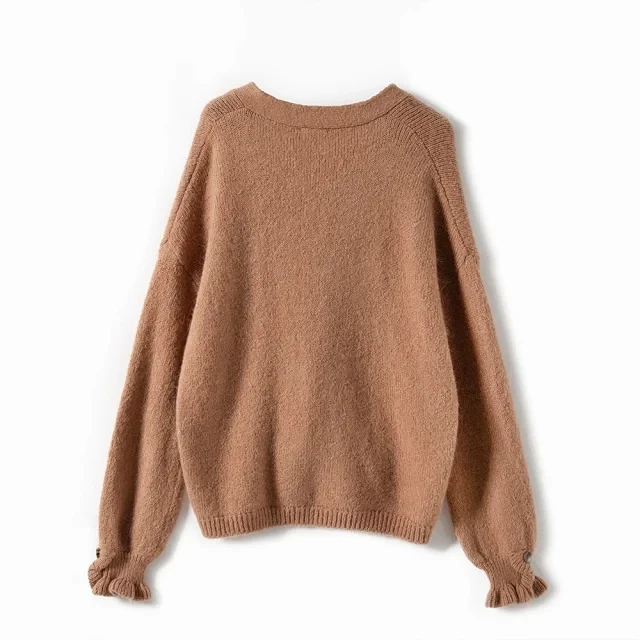Lantern Sleeve Sweater Women Single Breasted V