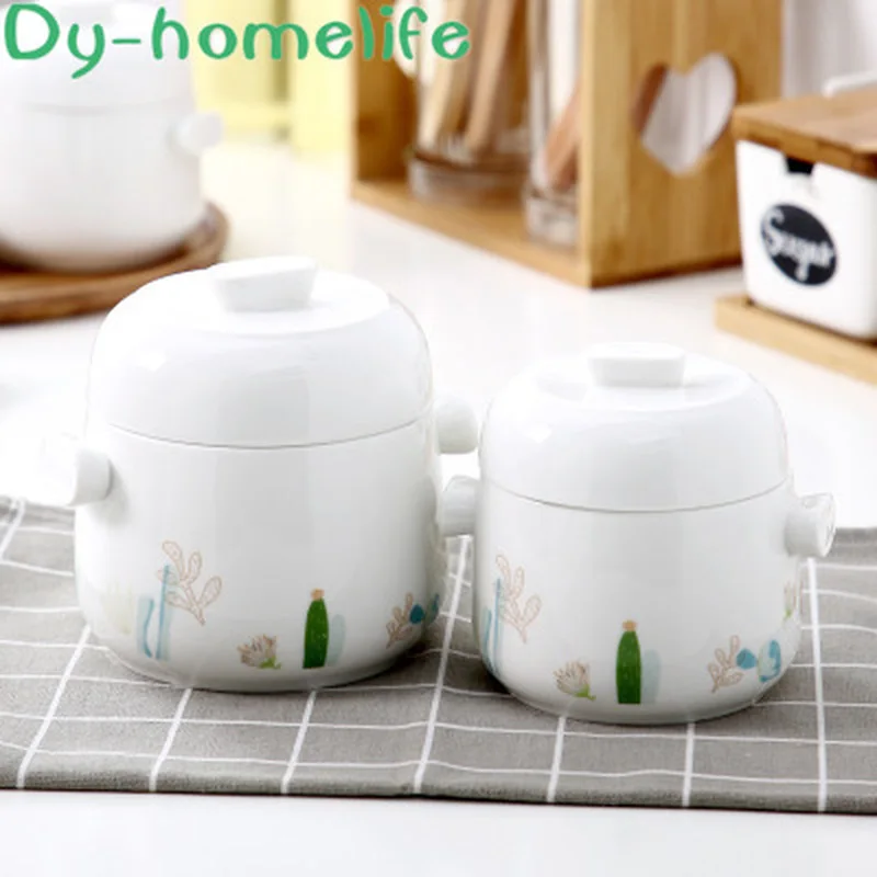 

Creative Double Cover Double Ear Plants Relief 2 Size Round Ceramic Stew Pot Household Kitchen Supplies Waterproof Stew Pot