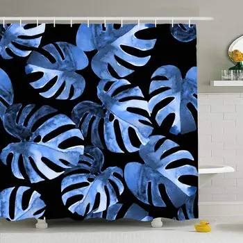 

Shower Curtain Set with Hooks 72x72 Stylized Blue Floral Foliage Palm Pattern Fashion On Summer Watercolour Exotic Abstract