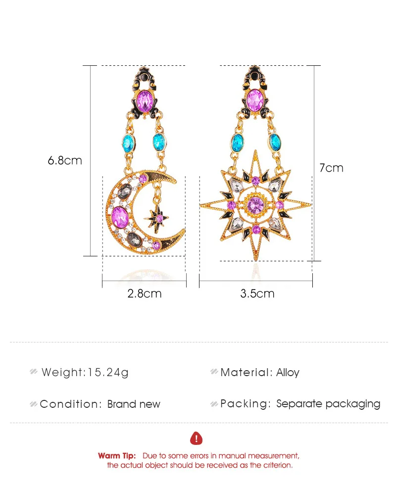 Vintage Star Moon Asymmetric Long Dangle Earrings For Women Exaggerate Colorful Crystal Sun Earring Trend Party Jewelry Gift