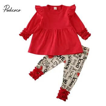 

Baby Girl Valentines Outfits Pudcoco Kids Ruffles Long Sleeve Tee Shirt Tops + Love Words Full Print Pants Trousers Outfit