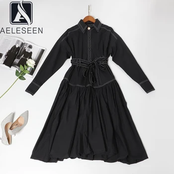 

AELESEEN 2020 Spring New Solid Simple Design Office Lady A-Line Dresses High Street Off Shoulder Loose Waist Sashes Midi Dress