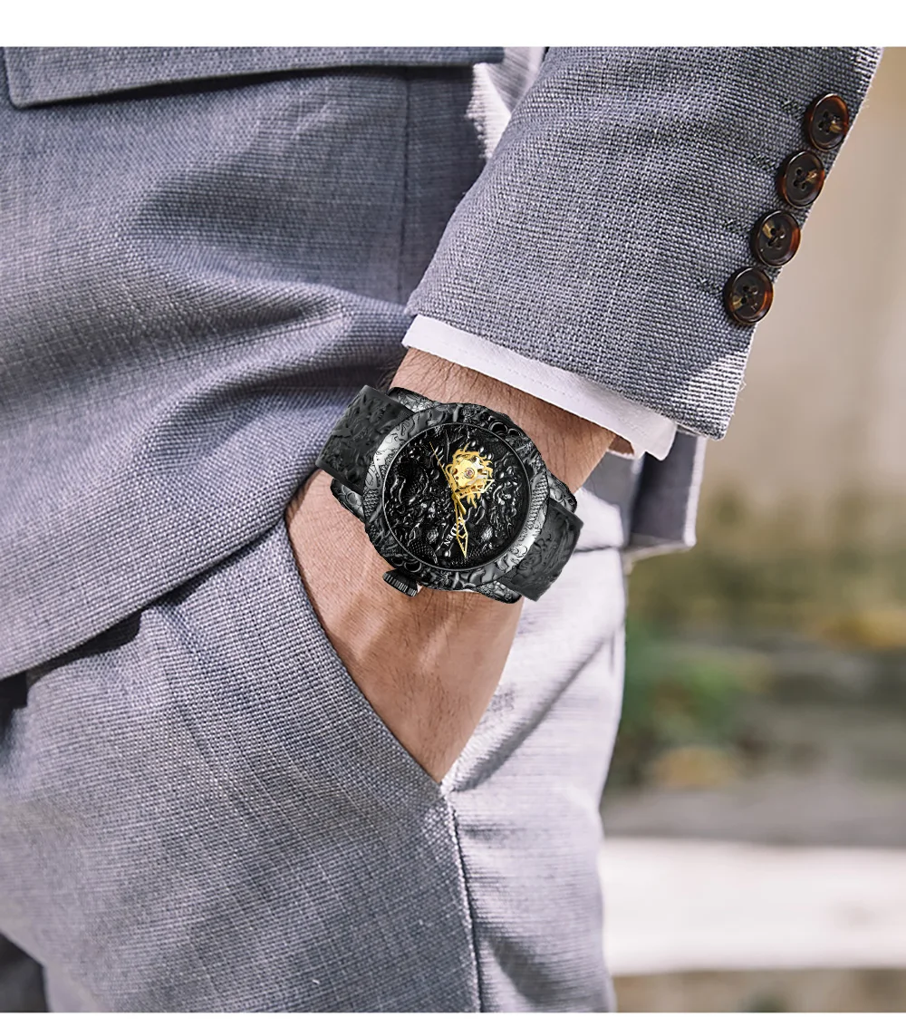 Мужские s часы BIDEN Золотая скульптура дракона автоматические механические часы мужские роскошные силиконовые водонепроницаемые спортивные часы