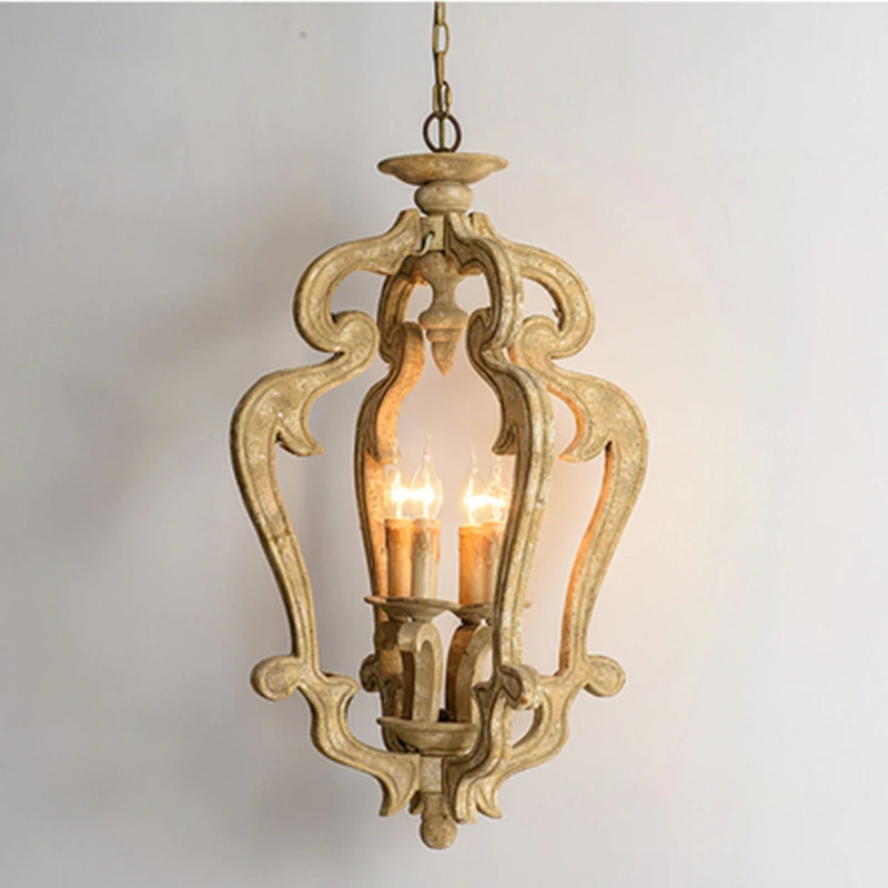 

American country antique wood chandelier retro solid wood carving lamp vintage loft children room bedroom dinning room light
