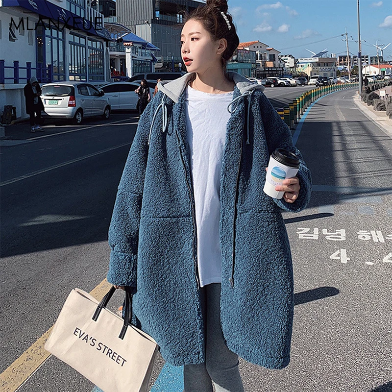 Из искусственной овечьей шерсти с капюшоном зимние куртки женские повседневные однотонные Большие размеры Длинные куртки пальто корейские женские модные утепленные парки