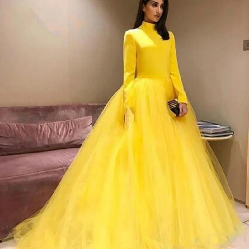 

Elegant Muslim Yellow Evening Dresses 2020 High Neck Full Sleeves Long Prom Gowns Formal Dress Abendkleider
