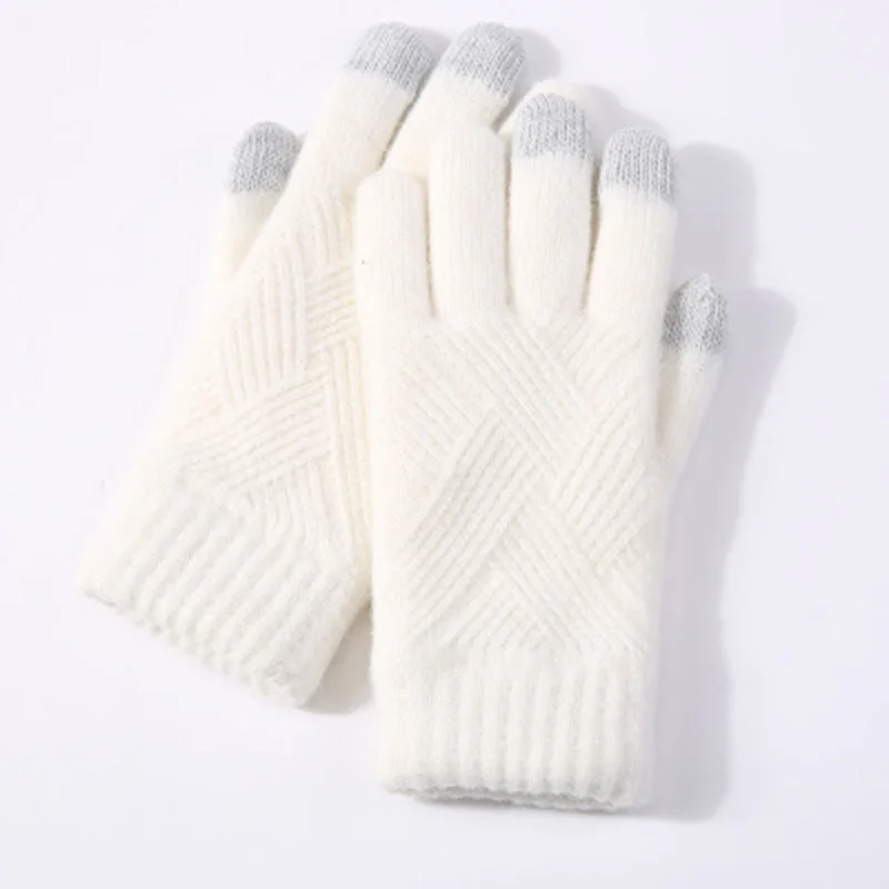 Женские зимние теплые вязаные перчатки на полный палец, мужские однотонные шерстяные перчатки с сенсорным экраном, женские толстые теплые перчатки для езды на велосипеде, H46