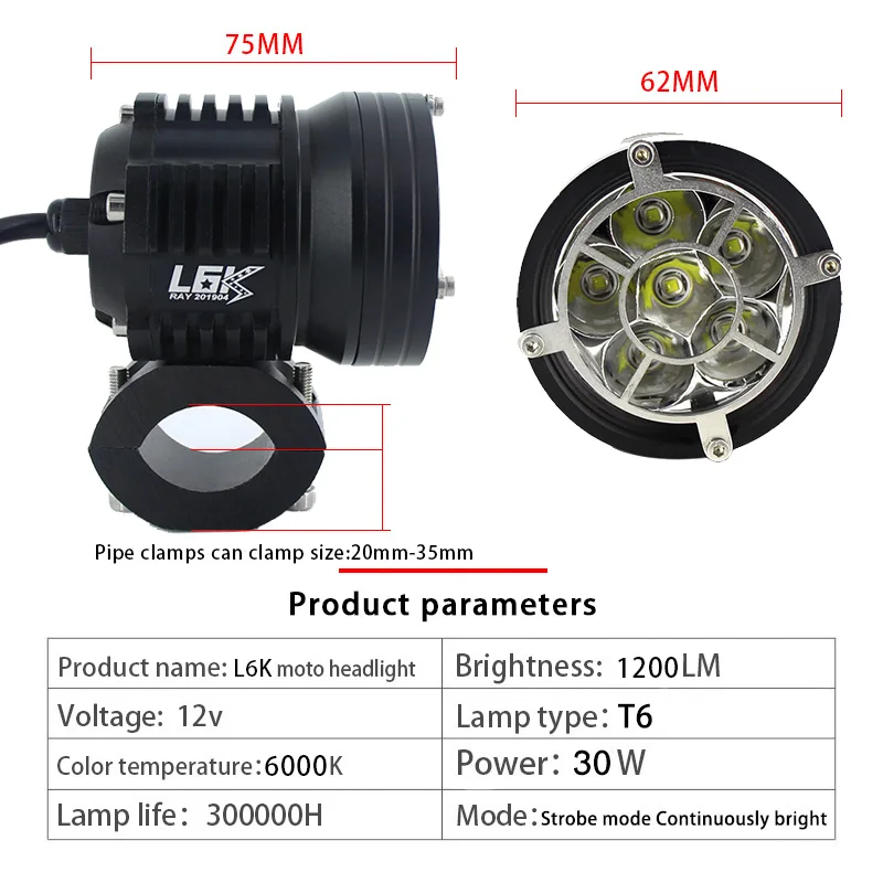 1 шт. светодиодная мотоциклетная фара подходит для 12 в мотоцикла 6000lm30W мотоцикл модифицированный вспомогательный прожектор