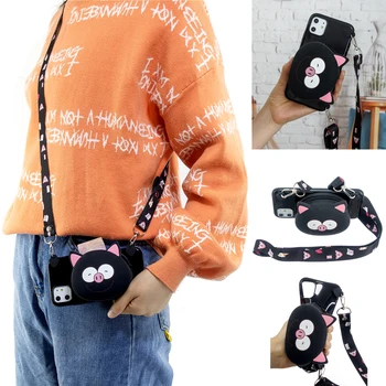 

Cute 3D Cartoon Wallet Bag Phone Case for iPhone 11 Pro Max XR Xs Max 8 Plus 5 5S SE2 7 6S Crossbody Long Strap TPU Holder Cover