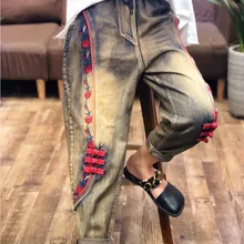 Винтажные Ретро свободные джинсы с вышивкой и высокой талией, джинсы больших размеров для мам, джинсы с высокой талией, черные джинсы, женские джинсы A888Z40