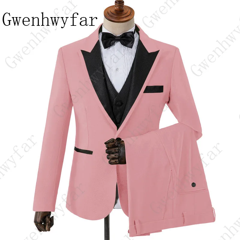 Розовый с черным костюмы с лацканами для мужчин на заказ Terno Тонкий Жених на заказ 3 шт свадебный мужской костюм Masculino(пиджак+ брюки+ жилет