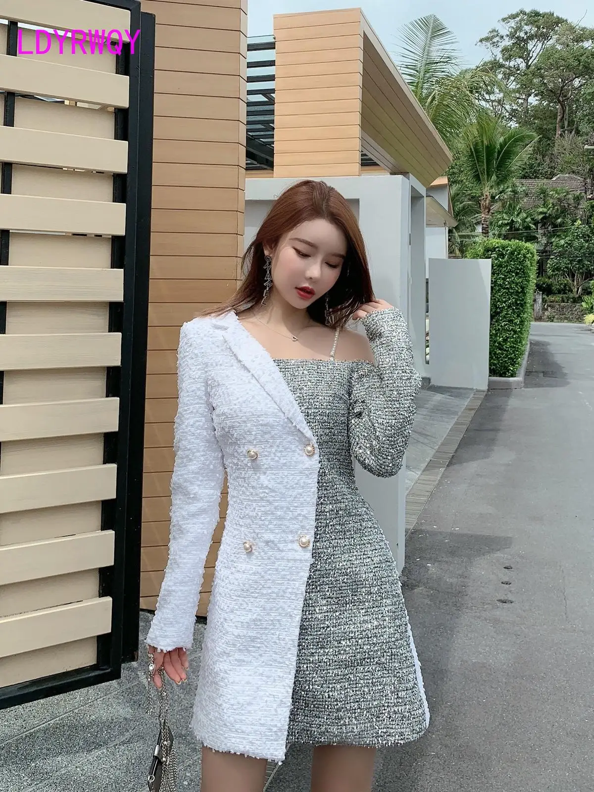 

2019 new Korean ladies temperament tweed stitching sequin dress Knee-Length Button