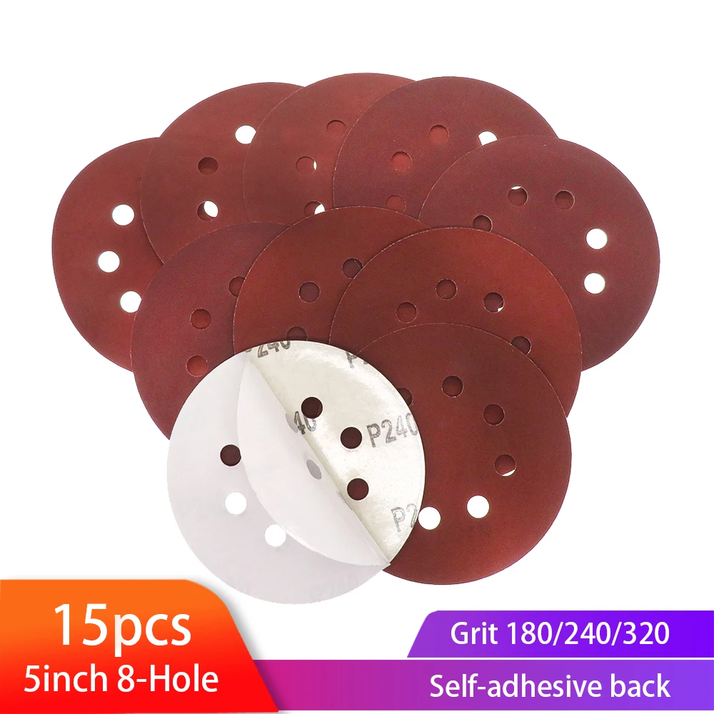 15Pcs Sanding Disc 5 Inch 8 Hole PSA 150mm Sandpaper Self Stick 80-320 Grits For Orbital Sander, Wood, Car, Furniture Polishing